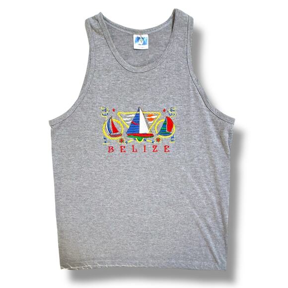 Vintage 90s Belize Sailboat Tank Top Gray Embroidered Cool Souvenir Unisex Large - Picture 9 of 10